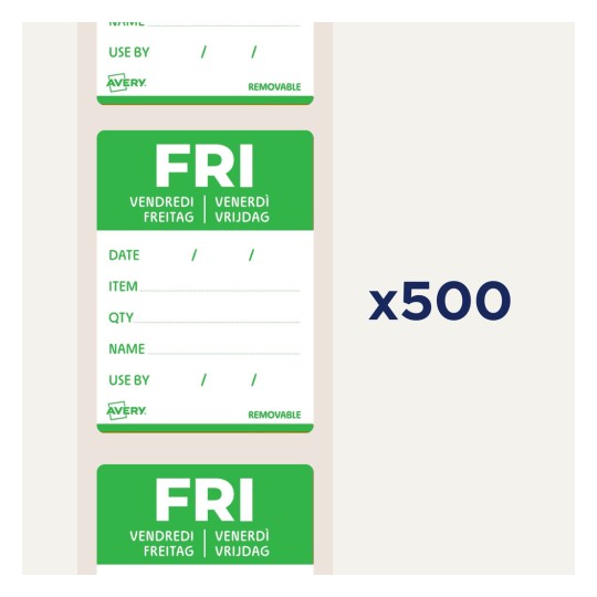 Bilden visar etiketter utformade för organisation, med angivelse av 'FRI' och relaterade informationssektioner, med ett antal av 'x500'. Etiketterna har ett grönt färgschema.