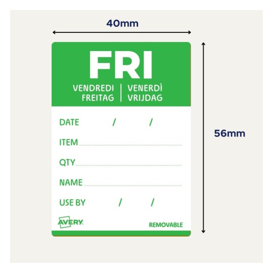 En avtagbar etikett med fält för 'Datum', 'Artikel', 'Antal', 'Namn' och 'Använd före', märkt med 'FRE' på flera språk.
