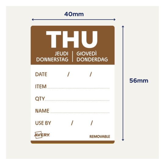 Bilden visar en etikett för torsdag på flera språk med utrymmen för att fylla i datum, artikel, mängd, namn och bäst före-detaljer. Den är 40 mm bred och 56 mm hög.