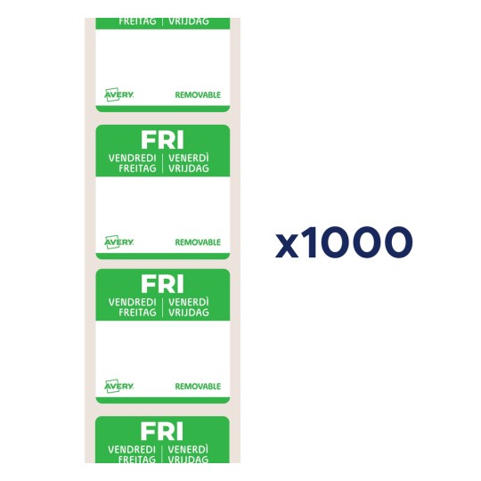 Ett set av avtagbara etiketter från Avery, märkta 'FRE' på flera språk, med ett angivet antal om 1000.