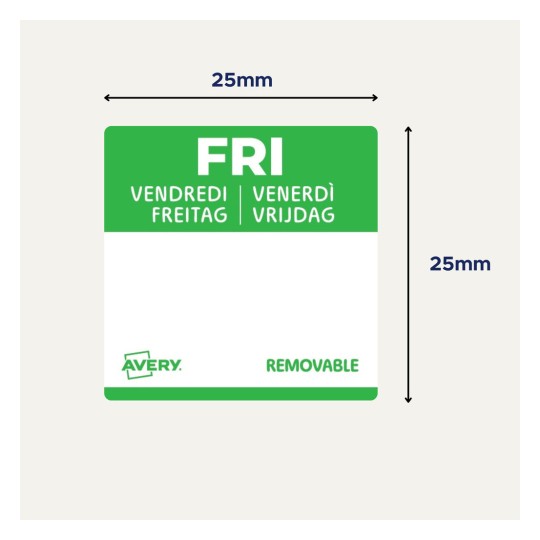 En fyrkantig etikett som mäter 25 mm, med ordet 'FRI' i vit text på en grön bakgrund, med översättningar på flera språk och en avtagbar självhäftande lapp.
