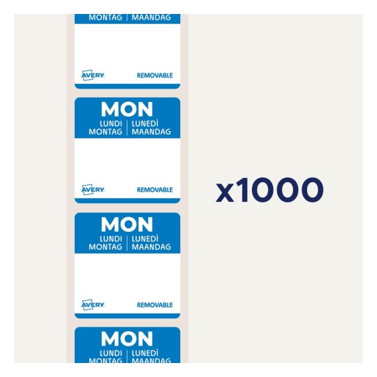 Bilden visar en stapel avtagbara etiketter för måndag på flera språk, med en total mängd av 1000 etiketter. Varje etikett har en blå design och Avery-logotypen.