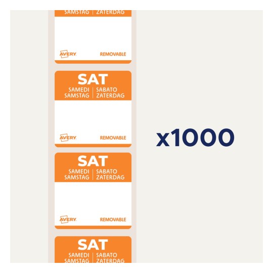 Bilden visar avtagbara etiketter med ordet 'SAT' i orange, med översättningar på olika språk. Den anger en kvantitet på 1000.