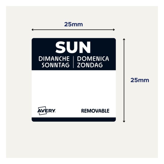 En rektangulär etikett med 'SUN' högst upp, flerspråkiga veckodagar listade: Dimanche, Sonntag, Domenica, Zondag, och märkt som avtagbar. Storleksmått är 25mm.