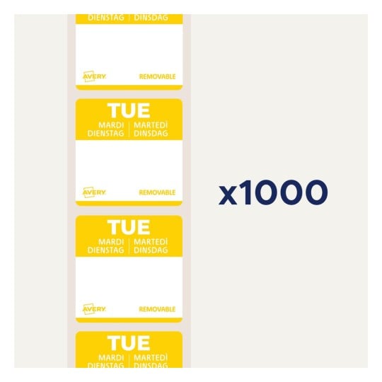 Bilden visar ett ark med avtagbara etiketter för tisdag på flera språk inklusive engelska, tyska, franska och danska, med en anteckning som säger att det finns 1000 etiketter.