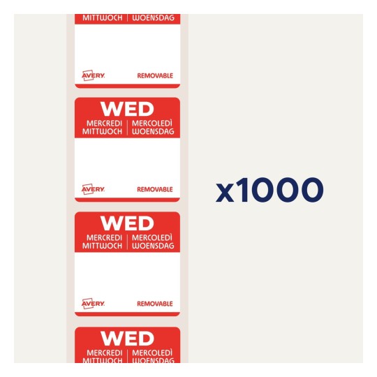 Bilden visar avtagbara etiketter som anger 'Onsdag' på flera språk. Det verkar finnas många etiketter per ark, totalt 1000 etiketter.