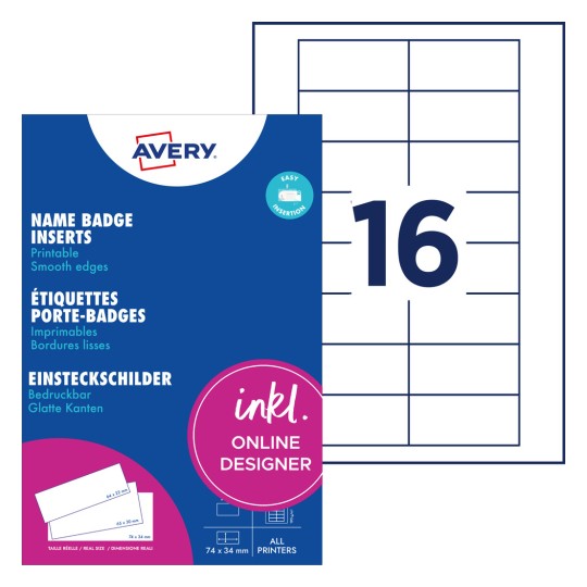 En bild av förpackningen för Avery namnskyltsinsatser. Den innehåller information om utskrivbara namnskyltar och visar en layout för 16 insatser per ark.