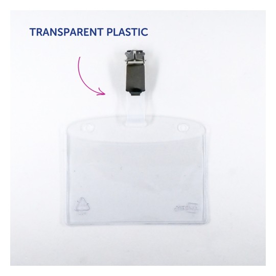 Bilden visar en genomskinlig plastkorthållare med ett metallklämma längst upp. Den är utformad för att hålla ID-kort.