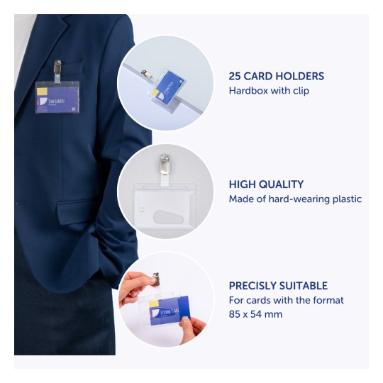 Bilden visar en professionell person som visar upp en korthållare på en blazer, och framhäver egenskaper som 25 korthållare i en hård box, material av hög kvalitet, och lämplighet för specifika kortdimensioner.