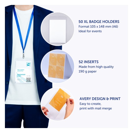 Bilden visar en kortinnehavare med texten som beskriver produktfunktionerna: 50 XL kortinnehavare, 52 högkvalitativa insatser och enkla design- och utskriftsalternativ.