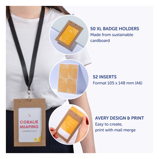 Bilden visar korthållare gjorda av hållbar kartong, med detaljer inklusive 50 XL-korthållare, 52 insatser i A6-format, och information om enkla design- och utskriftsalternativ.