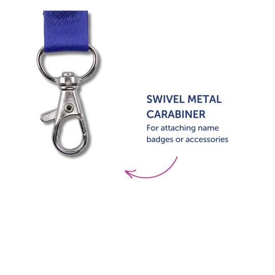 Bildtexten visar en roterbar karbinhake i metall som är fäst vid en blå rem. Texten anger att den används för att fästa namnbrickor eller tillbehör.
