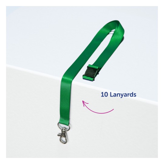 Bilden visar en grön nyckelband med ett clips och ett spänne, som ligger på en vit yta. Det finns en text som visar '10 Lanyards' i blått.