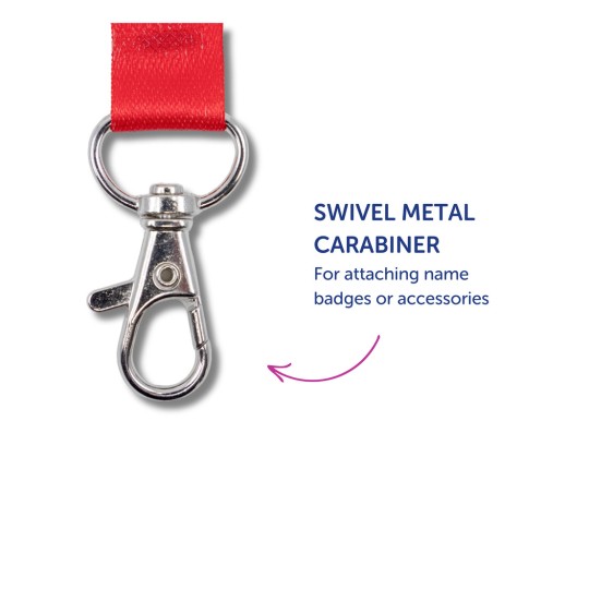 Bilden visar en vridbar karbinhake i metall fäst vid ett rött band, märkt för att fästa namnskyltar eller tillbehör.