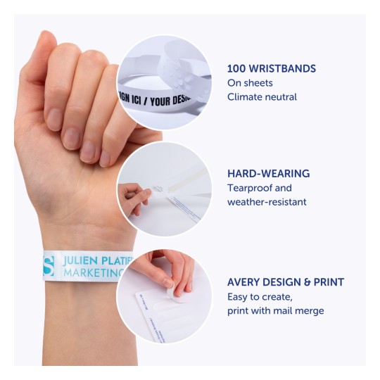 Bilden visar en hand som bär ett vitt armband, med ytterligare bilder och text som lyfter fram funktioner såsom klimatneutralitet, hållbarhet och enkel design för anpassade armband.