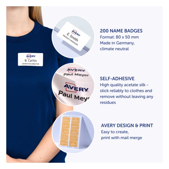 Bilden visar Avery namnskyltar med detaljer inklusive kvantitet, självhäftande funktion och enkelheten i design och utskrift. En kvinnlig figur bär en namnskylt och det finns exempel på namnskyltsdesigner.