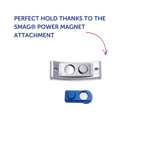 Bilden visar en silverfärgad SMAG®-kraftmagnet och en mindre blå del, som framhäver deras funktionalitet för ett perfekt grepp.