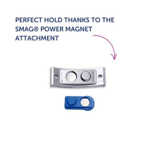 Bilden visar ett SMAG® kraftmagnetfäste, som presenterar en silver- och en blå komponent utformade för säker fastsättning.