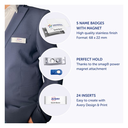 Bilden visar en person som bär en blazer med ett namnmärke. Den innehåller detaljer om namnmärken med magnetfäste och visar olika funktioner såsom antal märken, insättningsalternativ och magnetstyrka.
