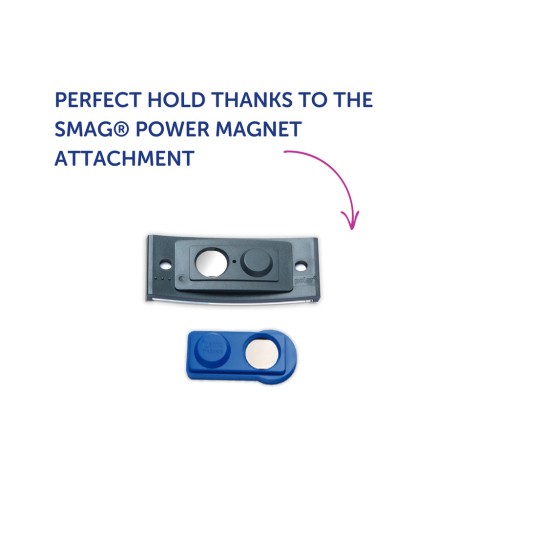 Bilden visar två plastkomponenter: en större svart fastsättning och en mindre blå, märkt som SMAG® Power Magnet Attachment. Texten framhäver att den ger ett perfekt grepp.