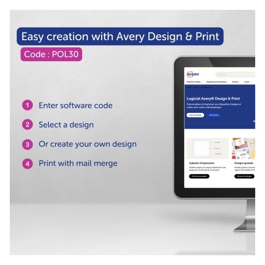 Bilden visar instruktioner för att använda programvaran Avery Design & Print, inklusive steg för att ange en programkod, välja eller skapa en design och skriva ut med mail merge.