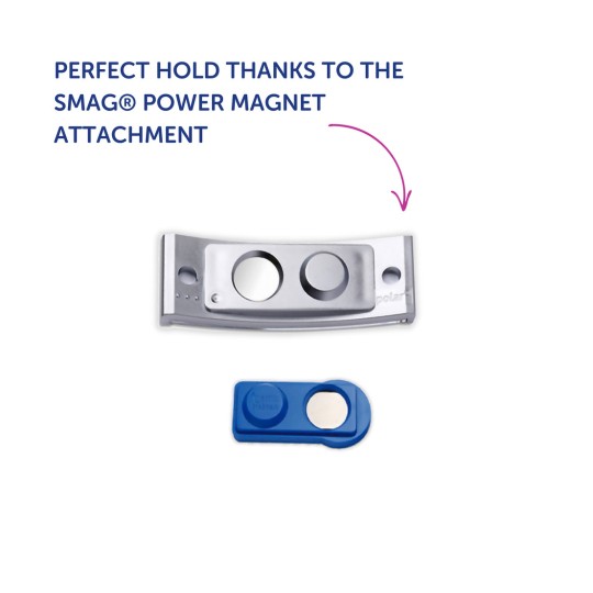Bilden visar SMAG® Power Magnet-fästet, som visar en metallisk fästanordning med två runda hål och en blå magnetkomponent för säker fastsättning.