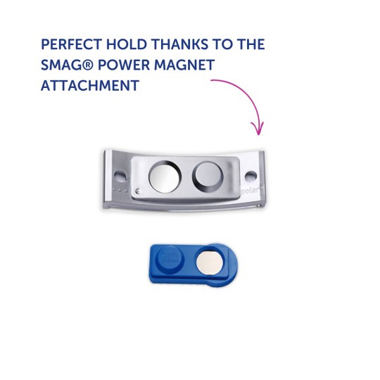 Bilden visar SMAG® Power Magnet-fästet, bestående av en silverfärgad magnetdel och ett blått magnetfäste, med text som betonar den perfekta hållfunktionen.