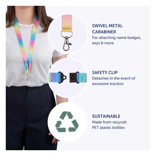 Bilden visar ett färgglatt band eller snodd med en svängbar metallkarbinhake, ett säkerhetsclip och betonar dess hållbara material tillverkat av återvunna PET-plastflaskor.