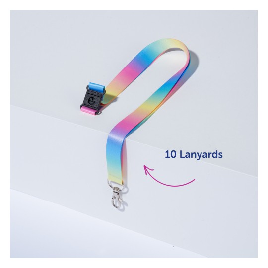 Bilden visar ett färgglatt halsband med ett clip på en vit yta, vilket indikerar en uppsättning av 10 halsband.