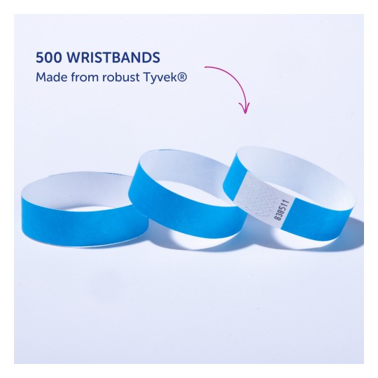 Bilden visar tre blå armband gjorda av Tyvek®, med text som anger en mängd av 500 armband och deras material.