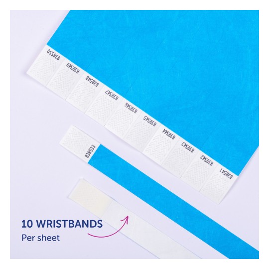 Bilden visar ett blått ark som innehåller flera numrerade armband, vilka kan klippas ut. Det anges att det finns 10 armband per ark.