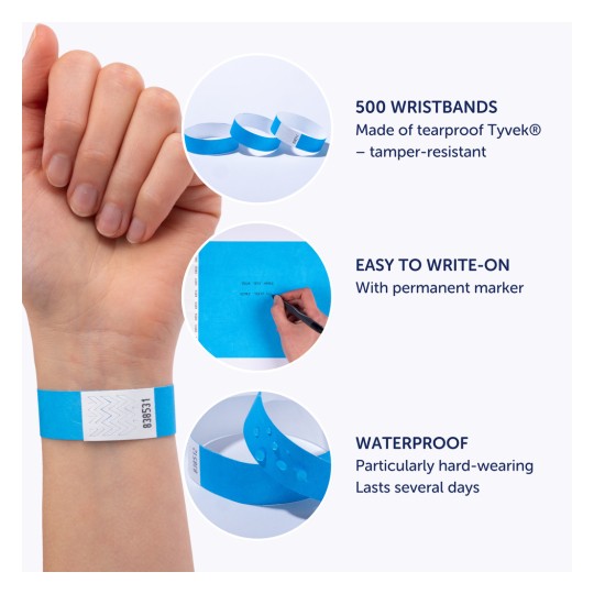 Bilden visar blå armbands av rivsäker Tyvek och framhäver egenskaper som vattentåligt material, enkel skrivning med en permanent marker och en större mängd av 500 armbands.