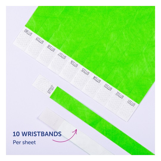 Bilden visar ett ark med gröna armband, totalt 10 armband per ark. Varje armband har en zigzag-design och är märkt med olika identifikatorer.