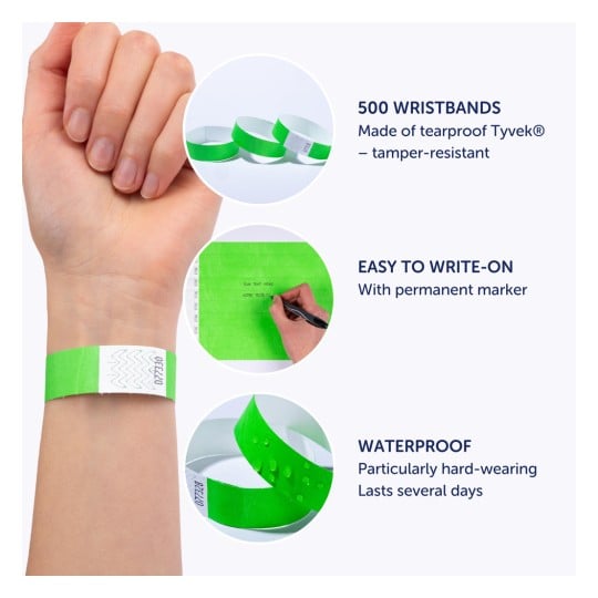 Bilden visar gröna armband gjorda av rivsäkert Tyvek och visar deras egenskaper, inklusive manipuleringsresistens, skrivbarhet och vattentäthet. Den framhäver en hand som bär ett av armbanden, och ytterligare bilder visar armbanden och någon som skriver på en grön yta.