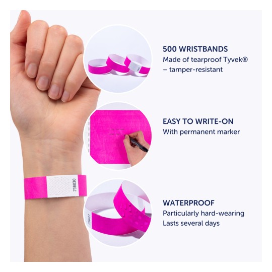 Bilden visar rosa armband gjorda av rivsäker Tyvek®, som demonstrerar deras hållbarhet och funktioner såsom att vara lätt att skriva på och vattentäta. Den lyfter fram att paketet innehåller 500 armband.