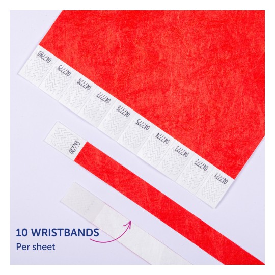Bilden visar ett ark med röda armband där 10 individuella armband syns, vart och ett märkt med unika identifierare. En del av armbanden visas avskalade.