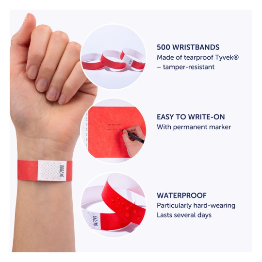 Bilden visar en hand som bär ett rött armband tillsammans med grafik som framhäver dess egenskaper: 500 armband gjorda av rivtålig Tyvek, lätta att skriva på med en permanent marker, och vattentäta för hållbarhet som varar i flera dagar.