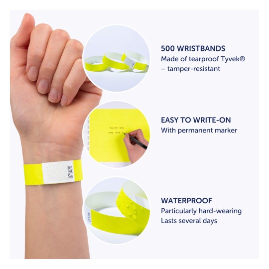 Bilden visar ljusgula armband gjorda av rivsäkert Tyvek-material. Den framhäver egenskaper som inkluderar 500 tillgängliga armband, lätt att skriva på med en permanent marker och vattentåliga egenskaper, vilket indikerar hållbarhet och motståndskraft för flerdagars användning.