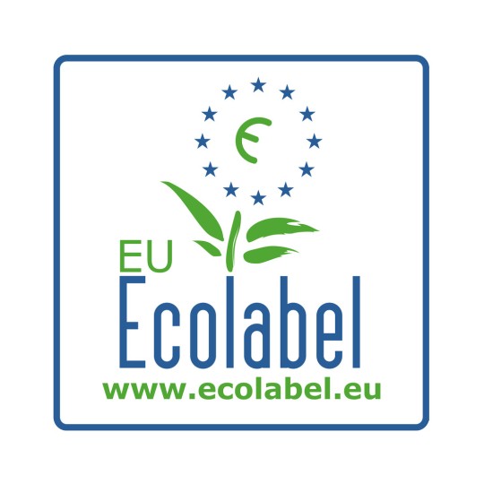 Bilden visar EU Ecolabel-logotypen, som innehåller gröna element, en cirkel av stjärnor som representerar Europa och en webblänklänk nedanför.