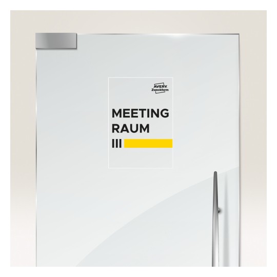 Bilden visar en dörr med en skylt där det står 'MEETING RAUM III' tillsammans med en gul linje och logotypen för 'Avery Zweckform'.