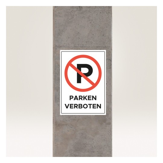 Bilden visar en skylt med en stor röd cirkel och ett diagonalt streck som korsar bokstaven 'P', vilket indikerar att parkering är förbjuden. Skylten har texten 'PARKEN VERBOTEN' på tyska, vilket översätts till 'No Parking'. Den är monterad på en betongpelare.