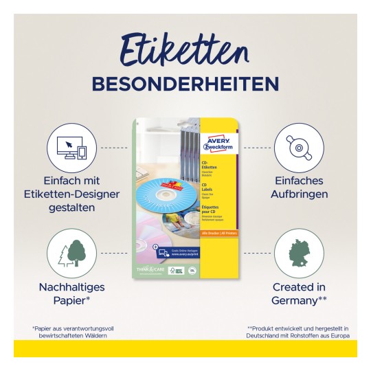 Bilden visar ett produktpaket för Avery CD-etiketter, där funktioner som enkel design med ett onlineverktyg, hållbart papper och att det är tillverkat i Tyskland lyfts fram.