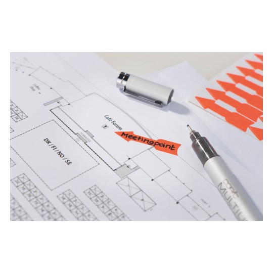 Bilden visar en planritning med en markerad sektion 'Meetingpoint', en penna och orange pilar. Det antyder att detta är relaterat till en händelse eller platsarrangemang.