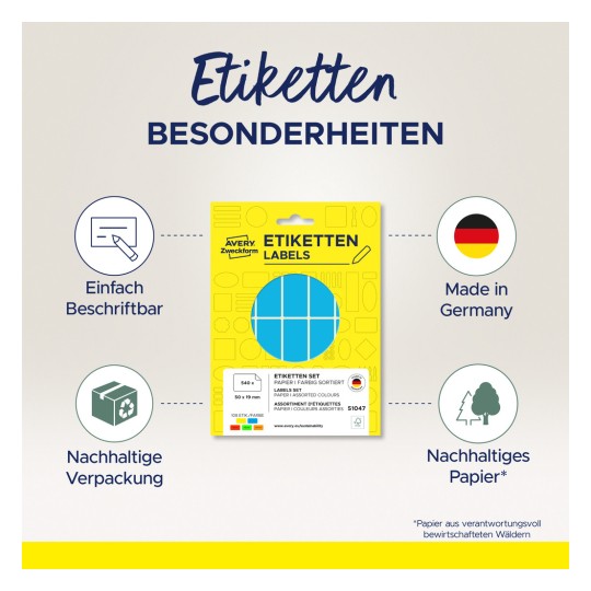 Bilden visar en förpackning av Avery-etiketter med framhävda funktioner: skrivbar yta, tillverkad i Tyskland och hållbar förpackning. Etikettsetet innehåller blandade färger och innehåller 108 etiketter per ark.