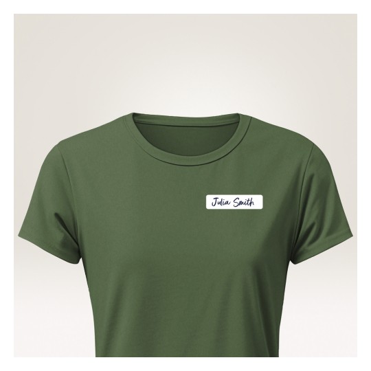 The image features a green t-shirt with a name tag that reads 'Julia Smith' in a handwritten font.