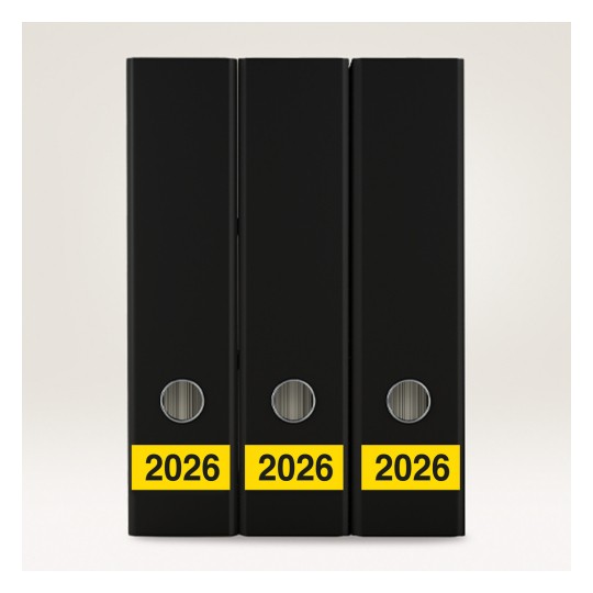 The image shows three black binders arranged side by side, each labeled with the year '2026' on a yellow strip.