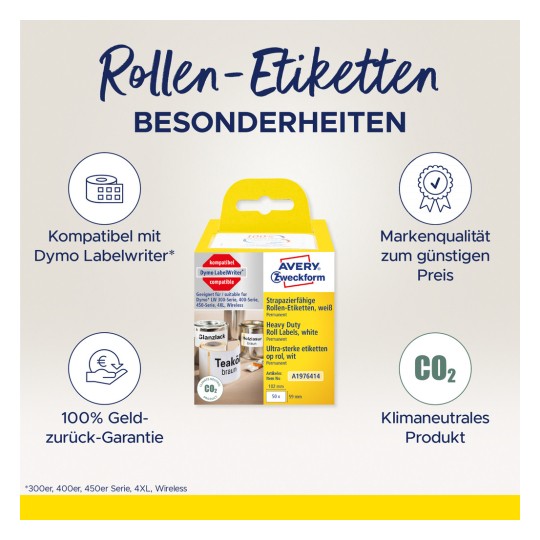 Bilden visar en låda med rull-etiketter kompatibla med Dymo LabelWriter. Den lyfter fram produktens egenskaper, inklusive hög kvalitet, permanenta etiketter, pengarna-tillbaka-garanti och miljövänliga meriter.