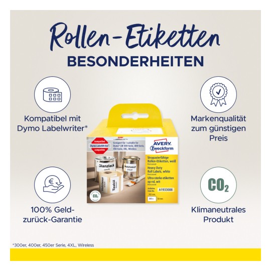 Bilden visar en förpackning med Avery Zweckform rulliketter, som framhäver kompatibilitet med Dymo etikettsskrivare, kvalitetsgaranti till ett bra pris och miljövänliga produktdetaljer.