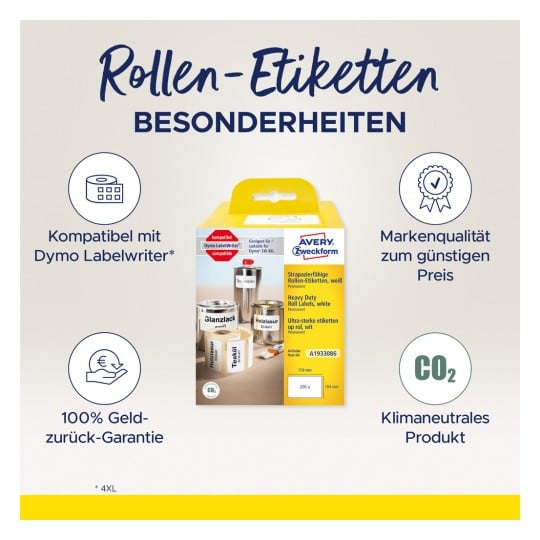 Bilden visar en förpackning för Avery-rulletiketter och framhäver deras kompatibilitet med Dymo Labelwriter samt funktioner som slitstarka etiketter, pengarna-tillbaka-garanti och klimatneutral produkt.