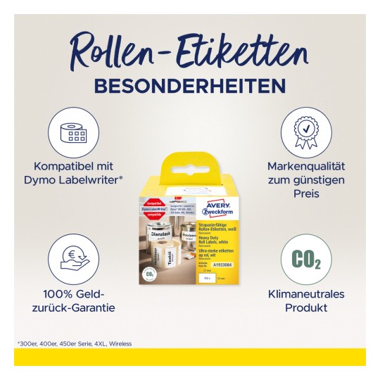 Bilden visar en förpackning av Avery Zweckform rulletiketter, och framhäver deras kompatibilitet med Dymo LabelWriter, kvalitetsgarantier och miljövänliga egenskaper, inklusive CO2-neutralitet.